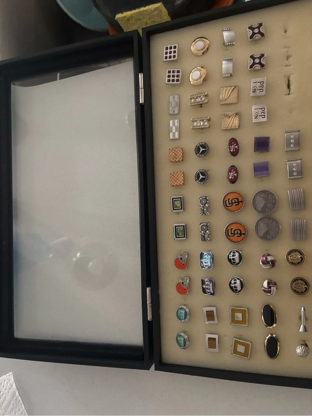 Men’s Cufflinks - 28 pair with wooden box included.  Retro and sports variety!